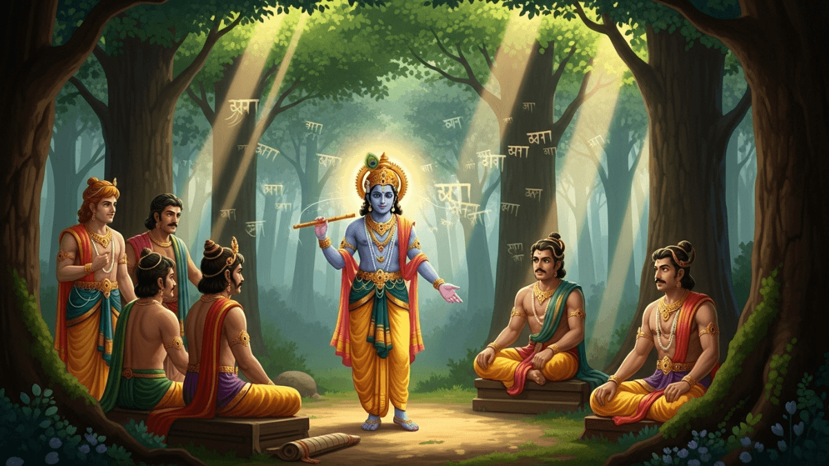 Leadership secrets from the Mahabharata, Krishna teaching Pandavas in forest, sunlight rays, Sanskrit script, divine aura