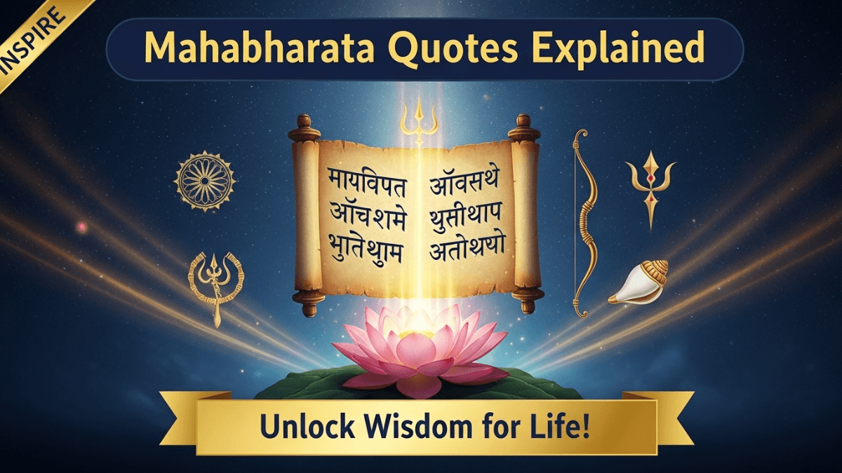 Mahabharata quotes explained, glowing ancient scripture scroll with Sanskrit shlokas, lotus flower, cosmic background, spiritual wisdom