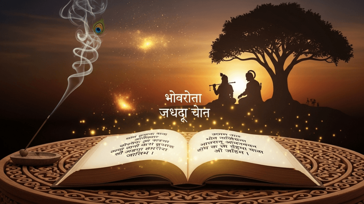 Mahabharata quotes explained, open ancient manuscript with glowing Sanskrit verses, Krishna teaching Arjuna silhouette, spiritual atmosphere