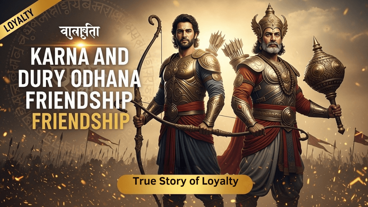 Karna and Duryodhana friendship, royal warriors standing side by side in battle armor, Kurukshetra battlefield, golden divine aura