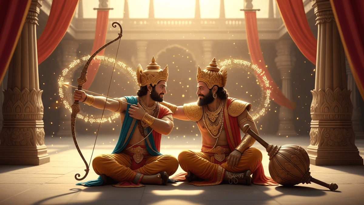 Karna and Duryodhana friendship, private moment in palace courtyard, golden light, ancient pillars, sacred bond, Mahabharata story