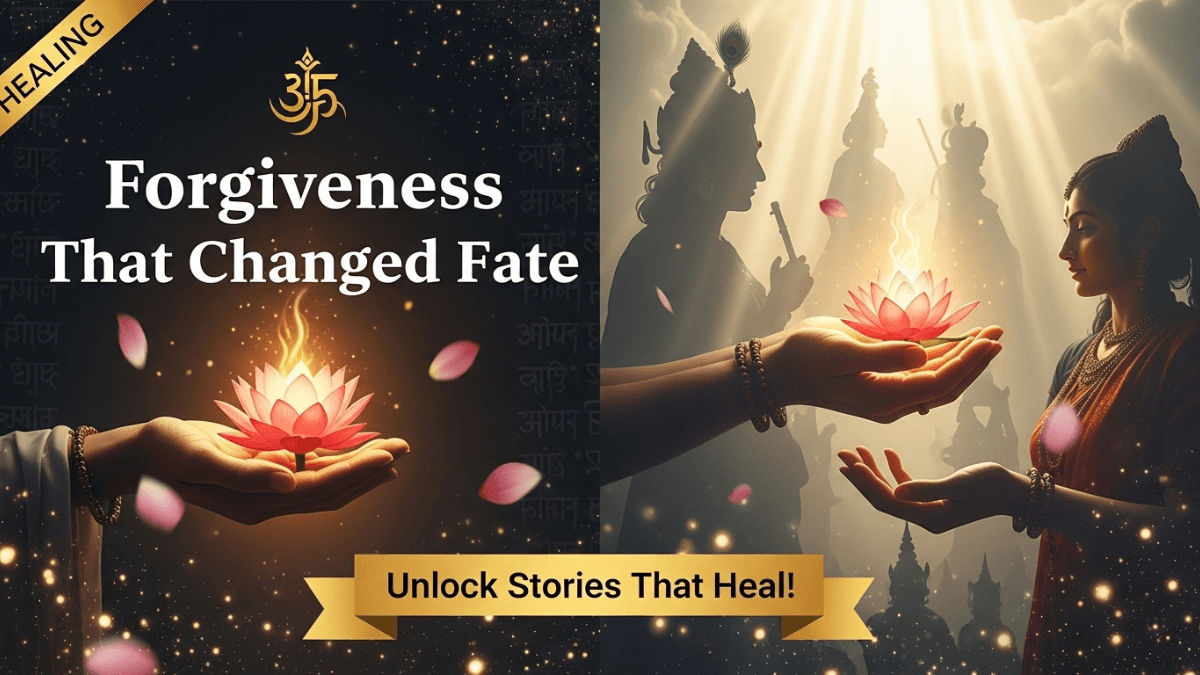 Forgiveness in the Mahabharata, hands exchanging lotus flower, golden light, healing stories, spiritual aura