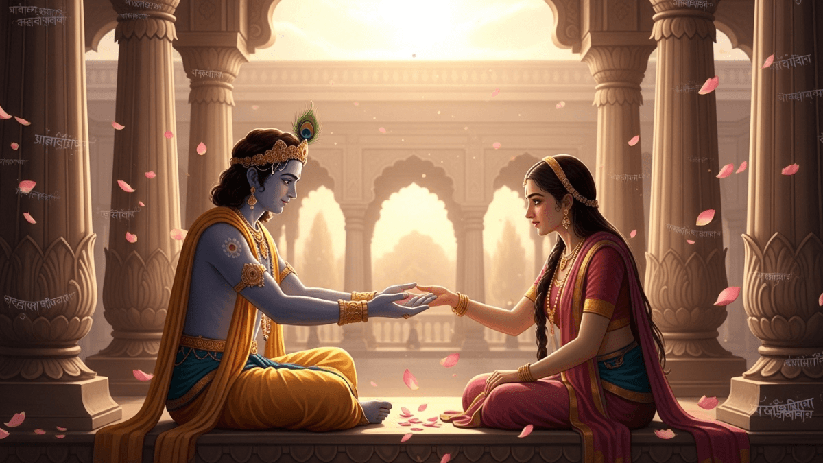 Forgiveness in the Mahabharata, Krishna forgiving Draupadi in palace courtyard, lotus petals, golden light, spiritual healing scene