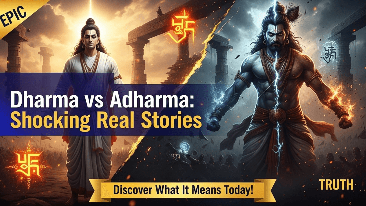 Dharma vs Adharma: real-world examples, symbolic battle scene with glowing white and dark armored warriors, Kurukshetra battlefield, cosmic energy, Mahabharata