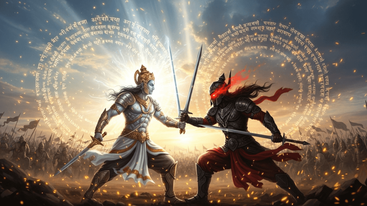 Dharma vs Adharma: real-world examples, Kurukshetra warriors in white and dark armor battling, glowing Sanskrit scripts, dramatic sky, Mahabharata scene