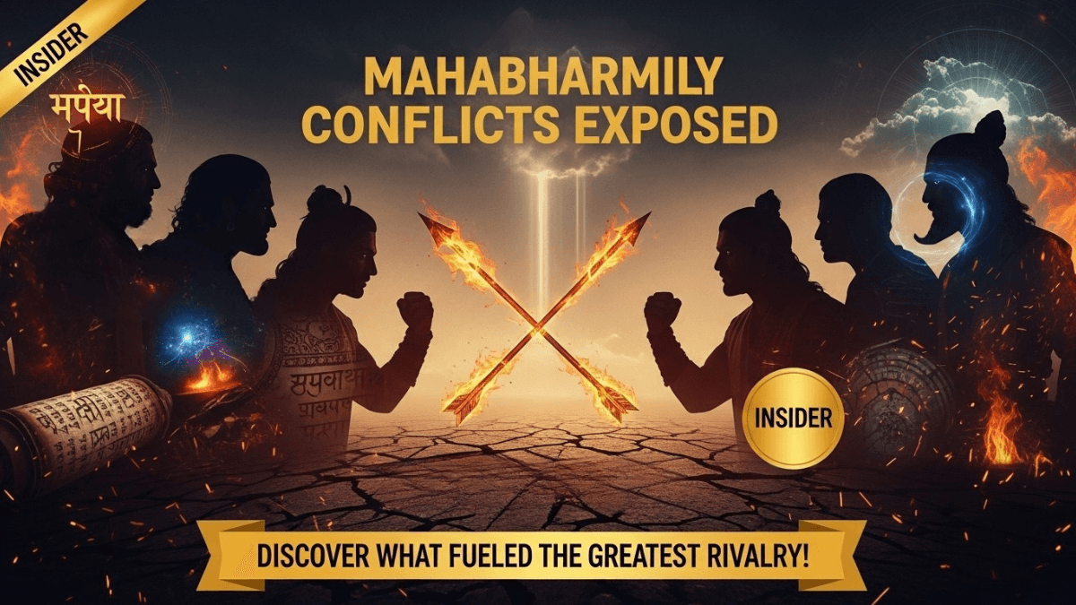 Mahabharata family conflicts, tense silhouettes of Pandavas and Kauravas, crossed weapons, burning flames, ancient rivalry