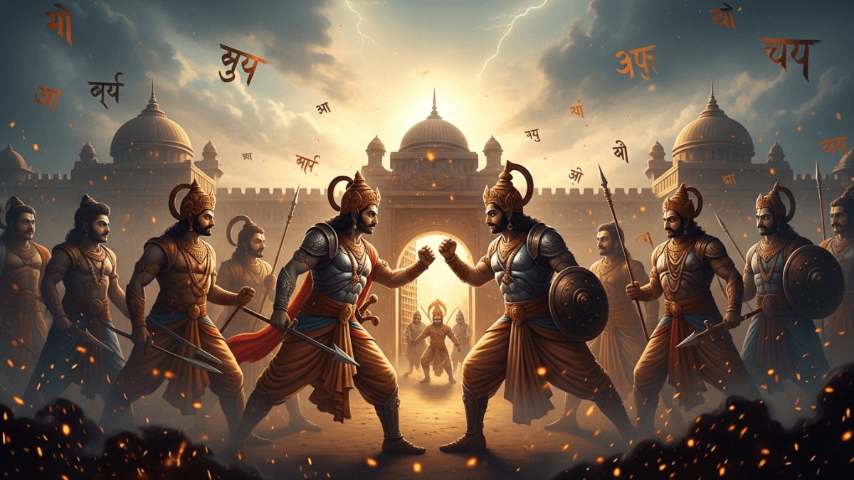 Mahabharata family conflicts, Pandavas and Kauravas in confrontation near palace gate, jealous expressions, glowing Sanskrit scripts