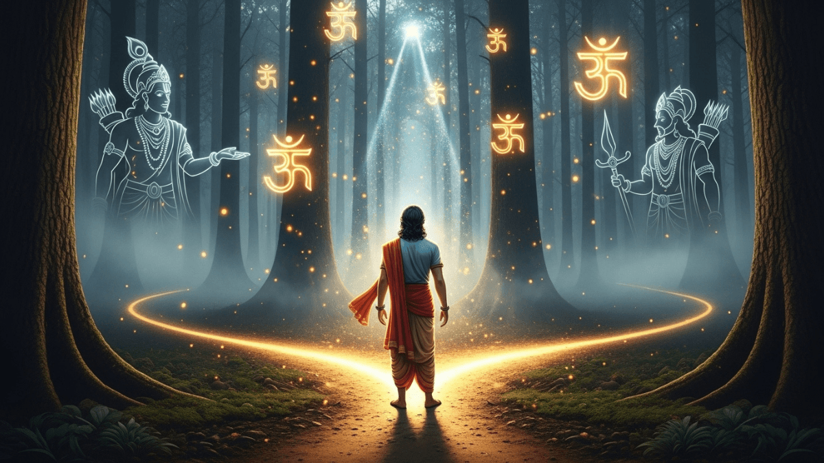 The power of choices in the Mahabharata, Yudhishthir at forked path with Krishna and Arjuna silhouettes, glowing Sanskrit symbols, destiny choices