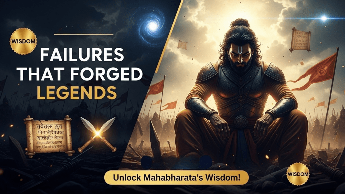 Lessons from failures in Mahabharata, warrior reflecting amidst battlefield ruins, ancient Sanskrit scrolls, epic life wisdom