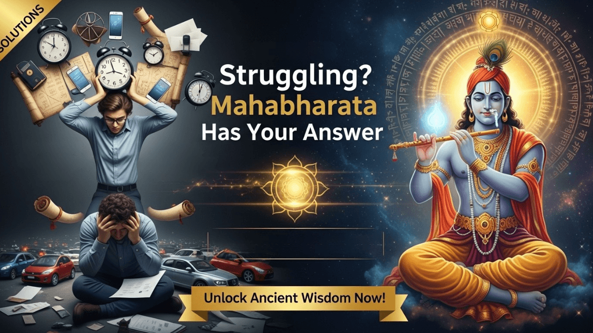 Modern life problems and Mahabharata solutions, stressed person and Krishna with glowing aura, cosmic background, ancient wisdom connection