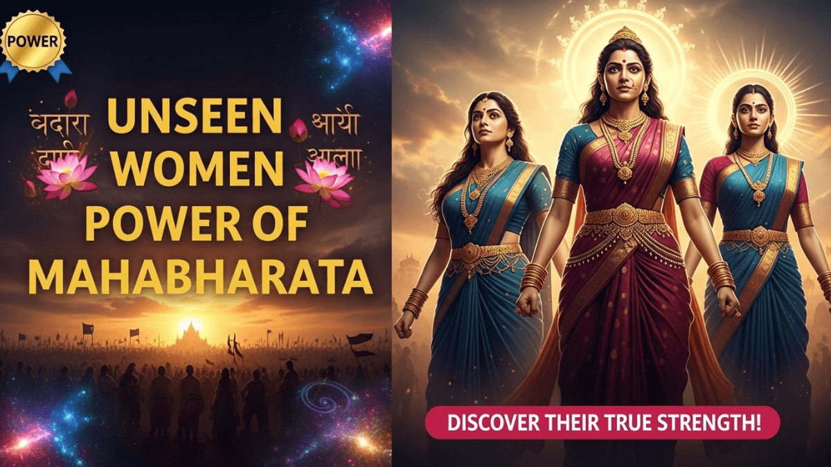Women power in Mahabharata, Draupadi, Kunti, Shakuntala united, divine light, Kurukshetra battlefield, epic mythological scene