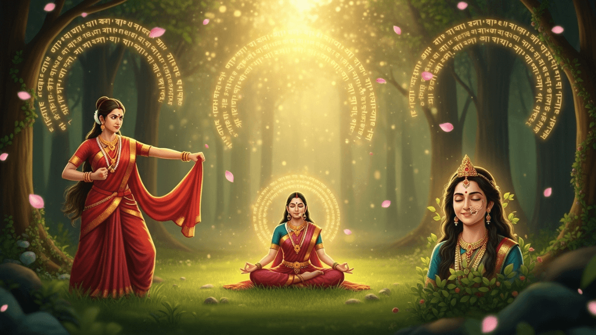 Women power in Mahabharata, Draupadi defiant, Kunti meditative, Shakuntala nature, golden light, lotus petals, spiritual strength